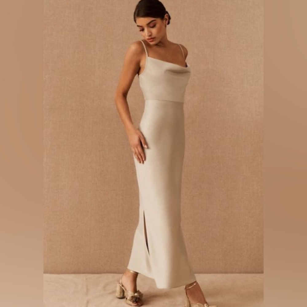 BHLDN Cali Satin Cowl-Neck Midi Slip Dress.